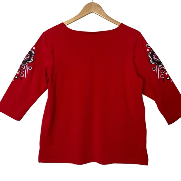 BOB MACKE sz Medium Pullover Blouse Rounded Neck Half Sleeves Embroidery Red + - Picture 3 of 5